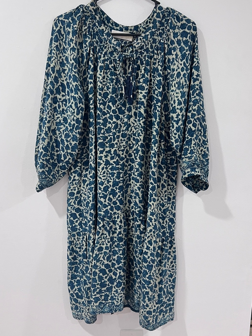 Natalie Martin 100% Silk Teal Floral Boho Midi Dress Size M